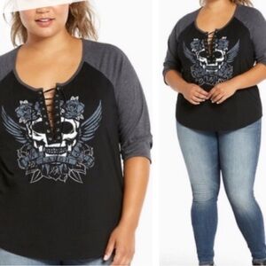 Torrid Skull Baseball Tie Up 1/4 Length Tee
